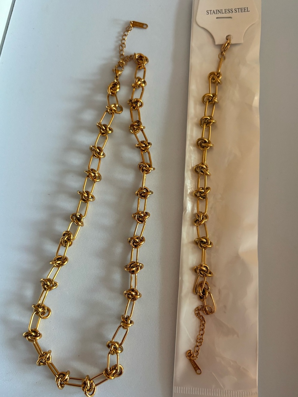 Gold Knot Link Necklace and Bracelet Set - Stainless Steel